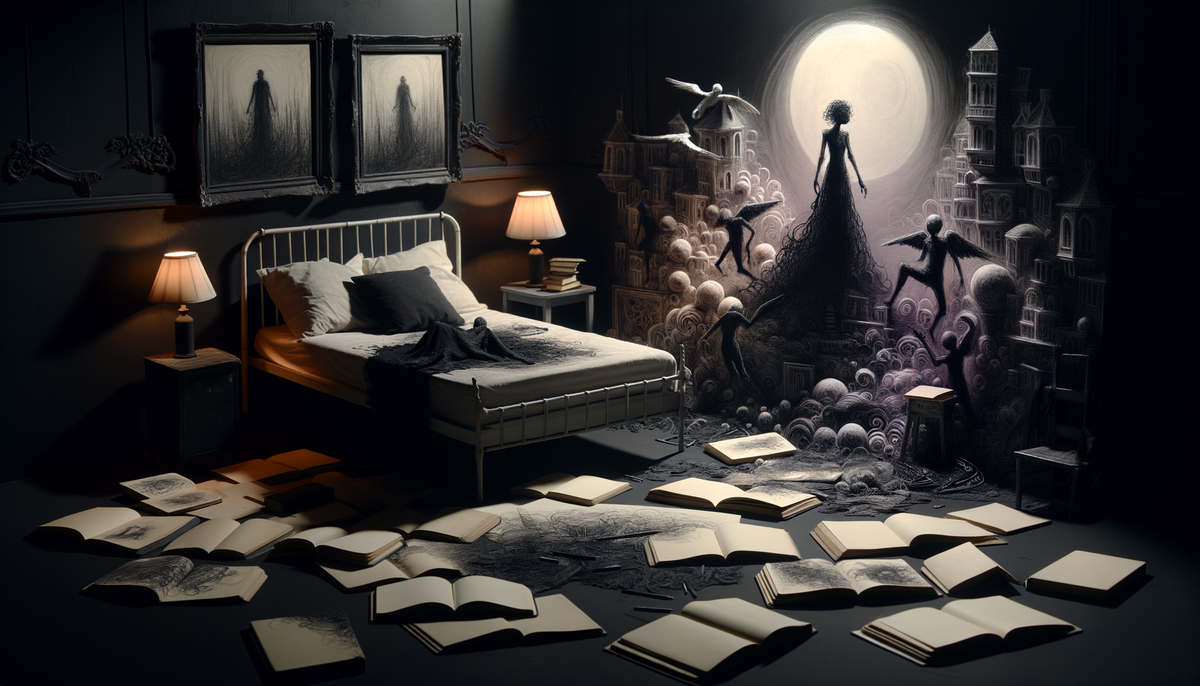 cozy dark bedroom with sketchbooks and surreal ink figures emerging in soft light