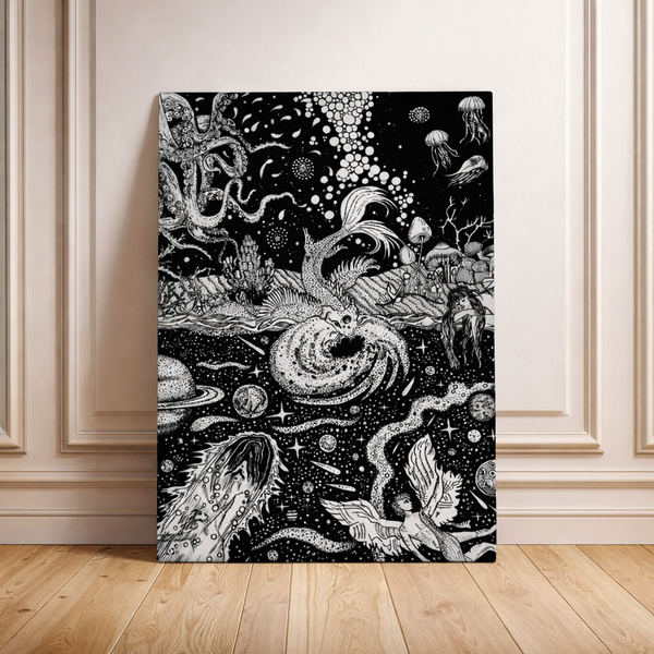 Black and white fantasy artwork on a wall in a room with wooden floor and beige walls.