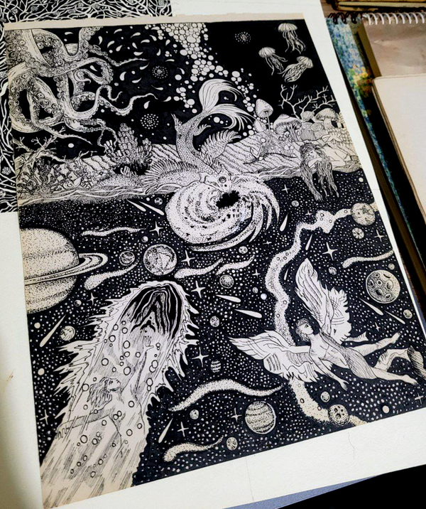 Detailed black and white illustration of celestial beings and elements on a textured surface.