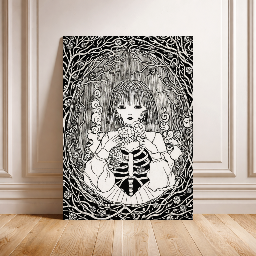Artistic depiction of a woman with a skeleton dress in an ornate frame on a wall.