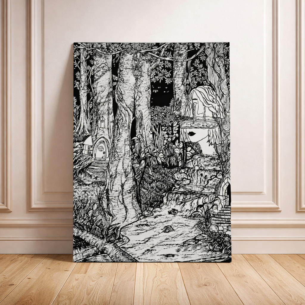 Black and white forest scene painting on a wall
