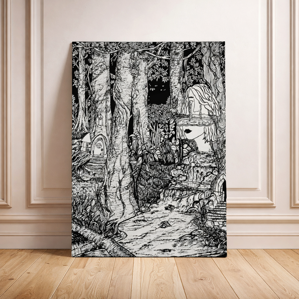 Black and white forest scene painting on a wall