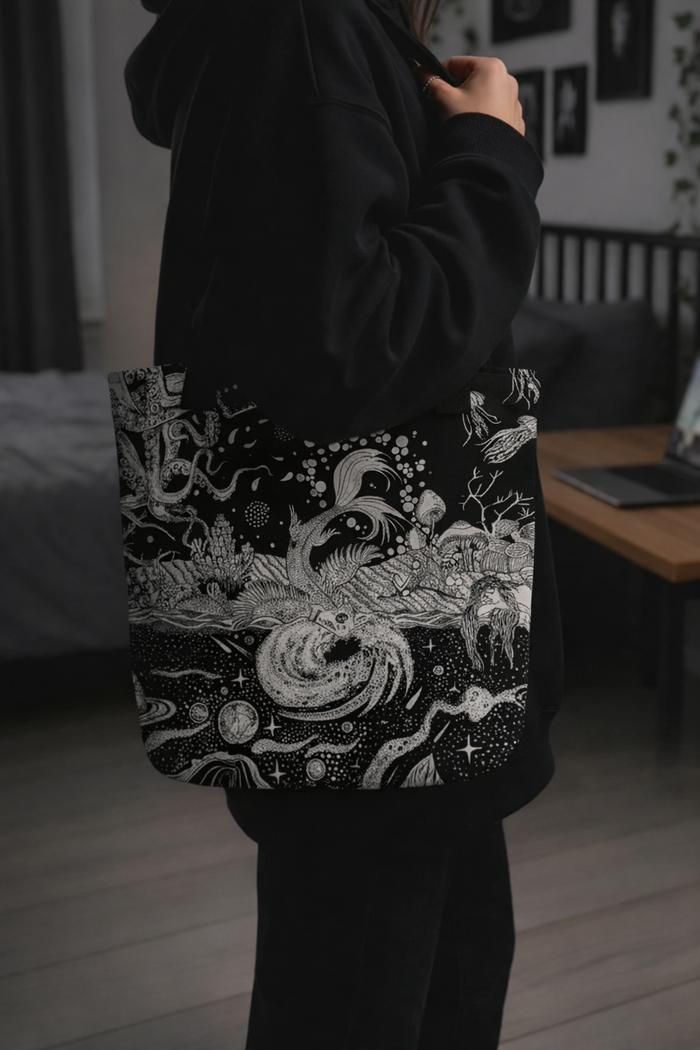 Person holding a tote bag with a black and white design in a room.