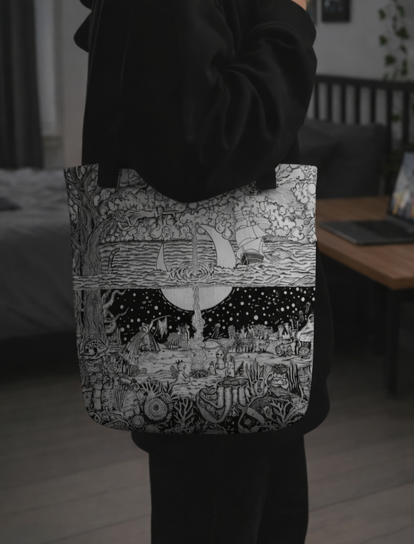 Person holding a tote bag with a black and white design in a room.