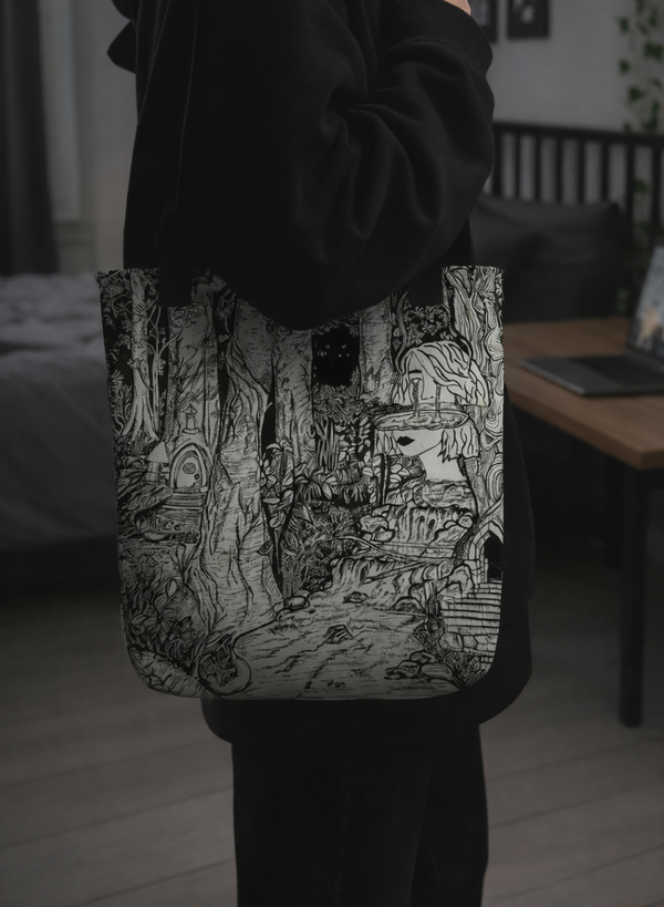 Person holding a tote bag with a black and white nature design in a room.