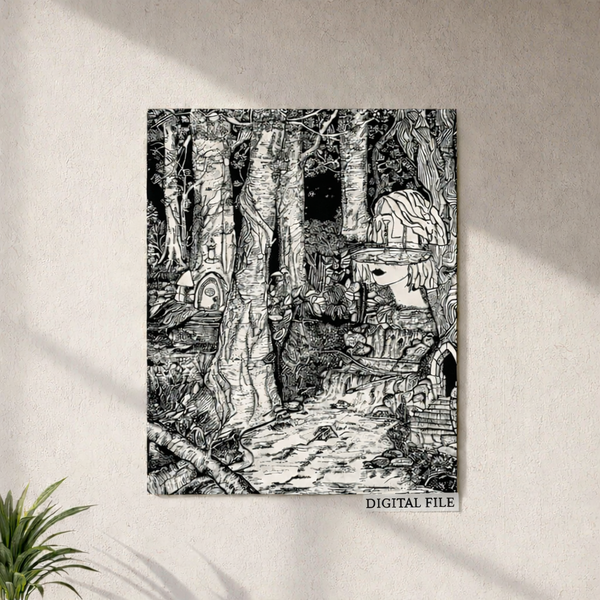 Hand-drawn surreal ink artwork of a forest with hidden face and whimsical details, digital file