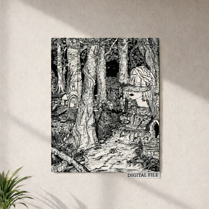 Hand-drawn surreal ink artwork of a forest with hidden face and whimsical details, digital file