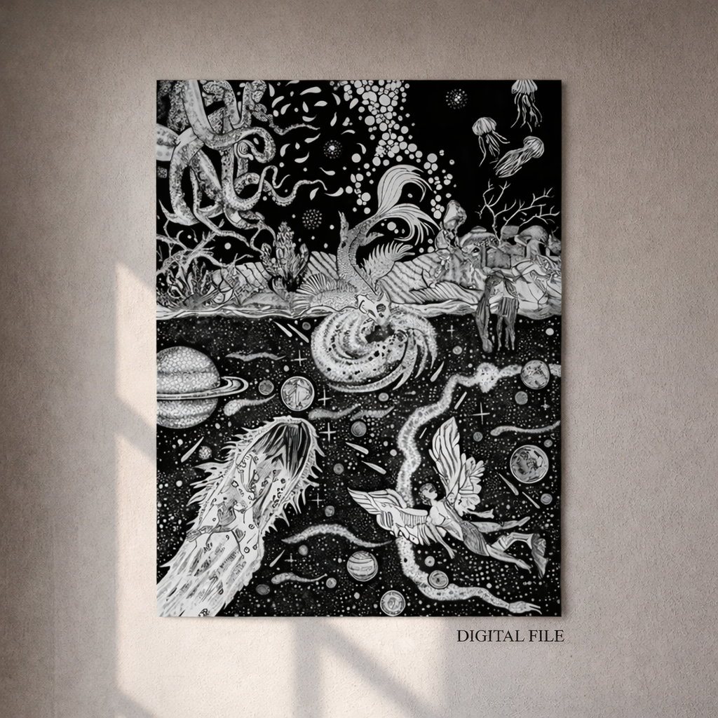 Hand-drawn surreal ink artwork with celestial bodies, mythical creatures, and cosmic scenery