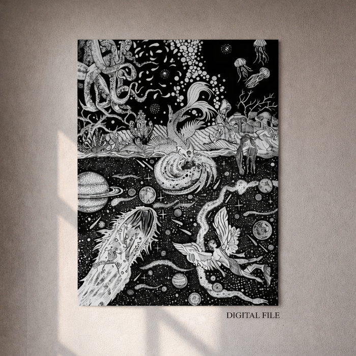 Hand-drawn surreal ink artwork with celestial bodies, mythical creatures, and cosmic scenery