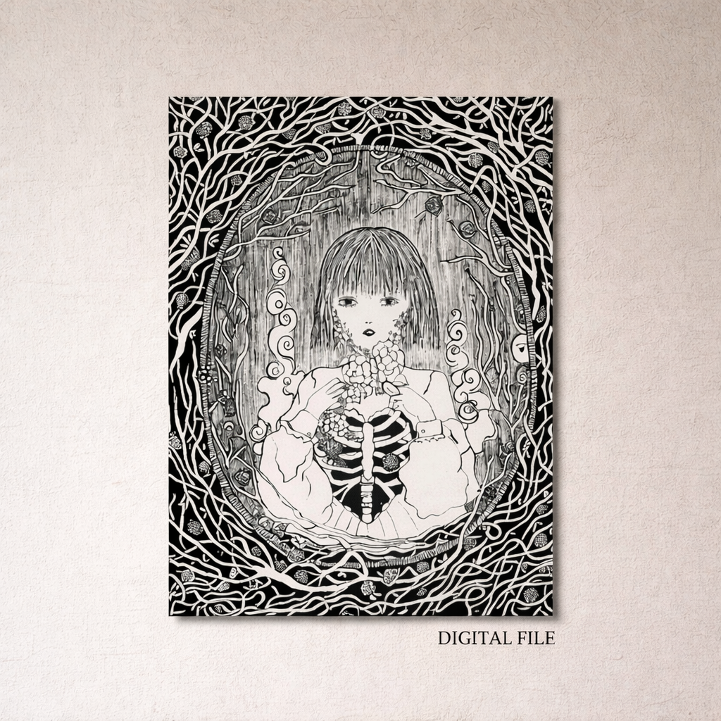 Surreal hand-drawn ink art of a pensive girl with exposed ribs framed by twisted branches