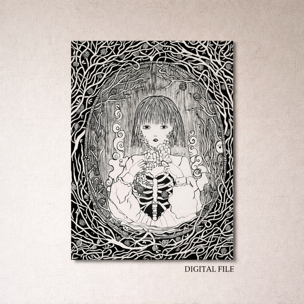 Surreal hand-drawn ink art of a pensive girl with exposed ribs framed by twisted branches