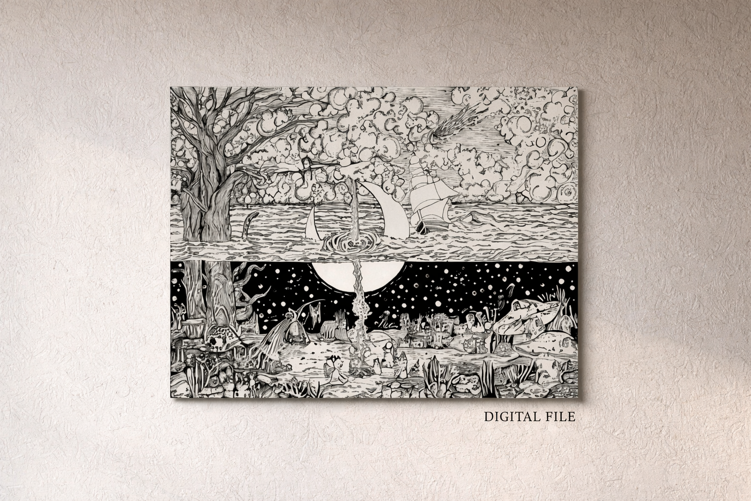 Surreal hand-drawn ink artwork with tree, moon, ocean, and night landscape on canvas