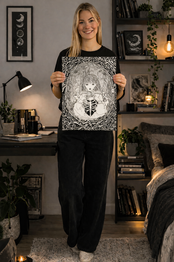 Person holding a black and white graphic print in a cozy room with decor and plants.