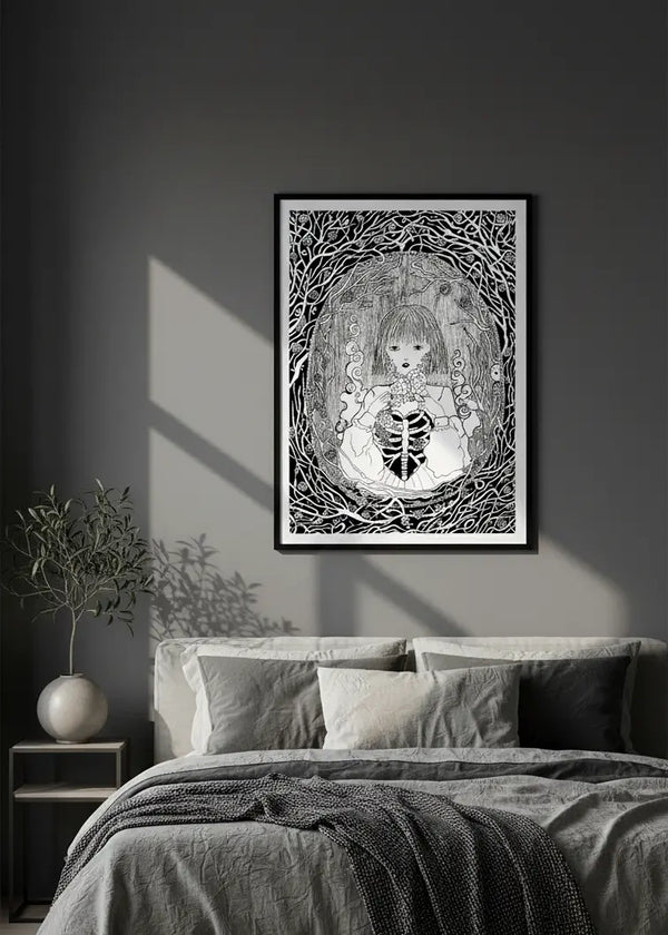 Surreal ink artwork of a girl with exposed ribcage framed by twisted branches, above a modern bed.