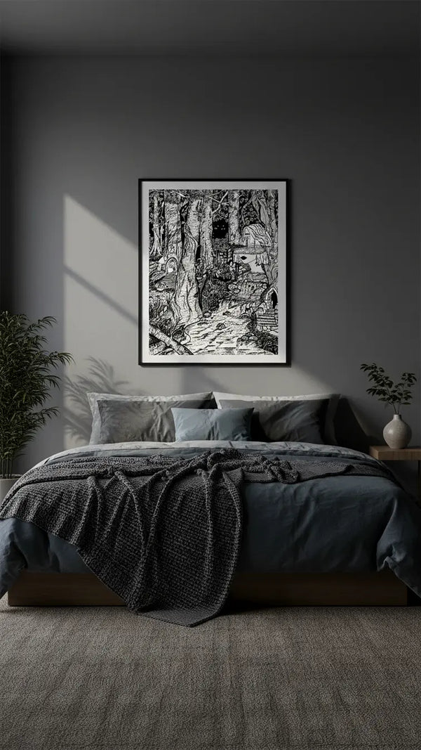 Hand-drawn surreal ink artwork of a forest scene framed above a modern bed in a dark room