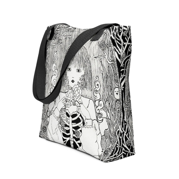 Black and white tote bag with hand-drawn surreal skeleton and forest illustration