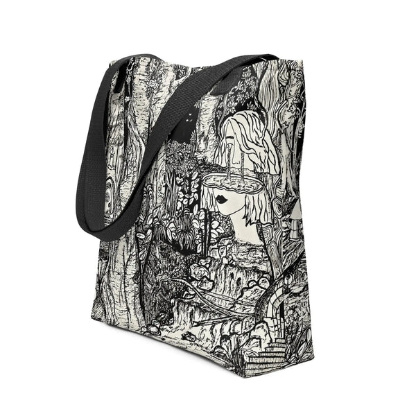Black and white surreal illustrated tote bag with emotional hand-drawn forest and face design