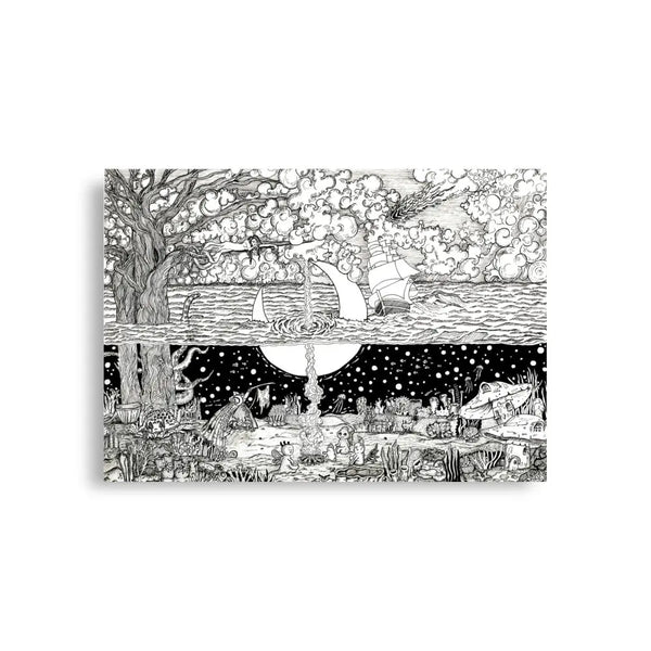 Surreal ink artwork featuring moonlit sea, ship, tree, and imaginative night landscape.