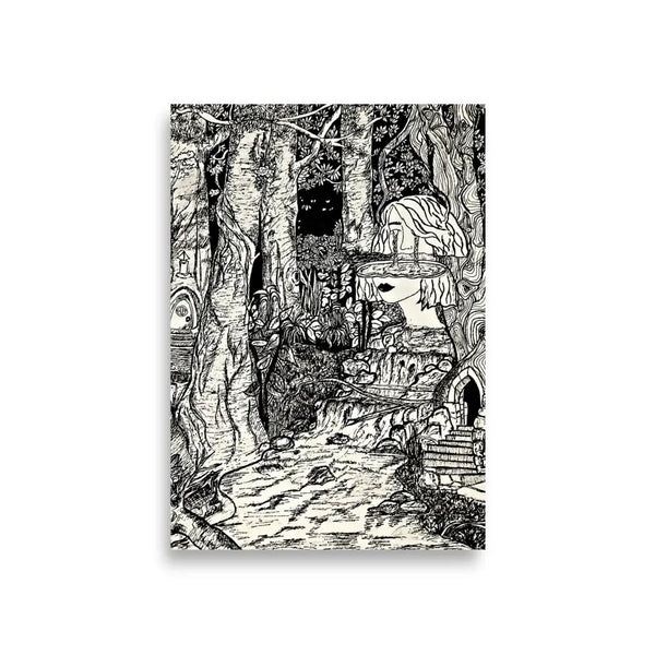 Surreal ink drawing of a forest scene with a woman's face, river, and stone archway
