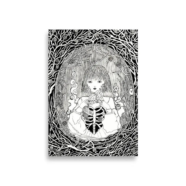 Surreal black and white ink drawing of a girl with exposed ribcage, surrounded by twisted branches.