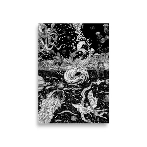 Surreal hand-drawn ink artwork featuring cosmic creatures, planets, and abstract forms.